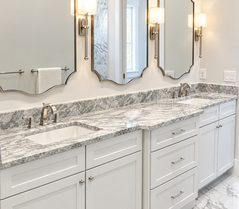 White shaker cabinetry. Quartz countertops.