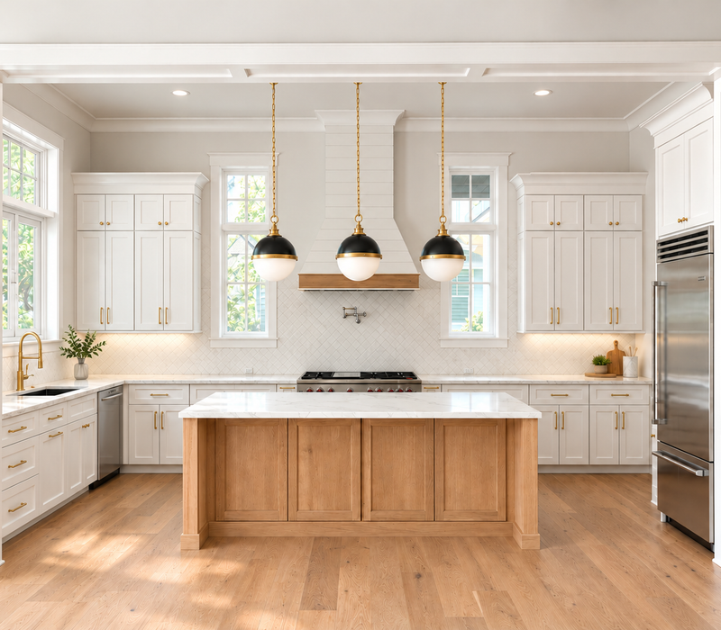 Custom built white shaker cabinetry. White oak island.