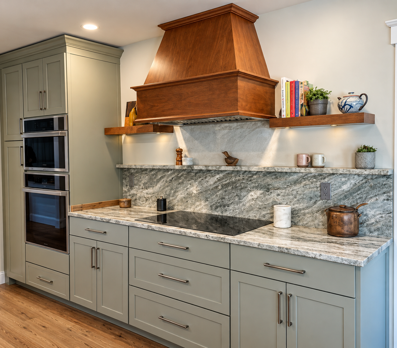 Custom paint SW#6171 and cherry kitchen. Fantasy Brown Quartzite countertops.