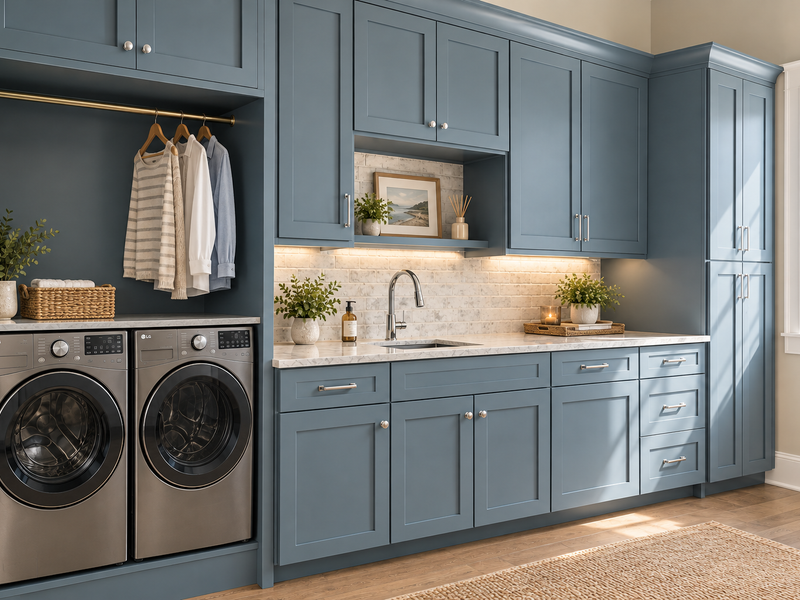 Luxury home office with custom cabinetry and workspace